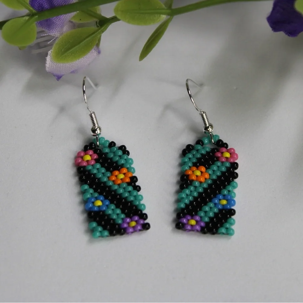 Seed Bead Earrings Turquoise Black Flowers 1.5” Beaded‎ Earrings Handmade